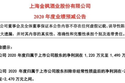 金峰酒业预计2020年净利下滑超40% 销量不及预期是主要原因之一