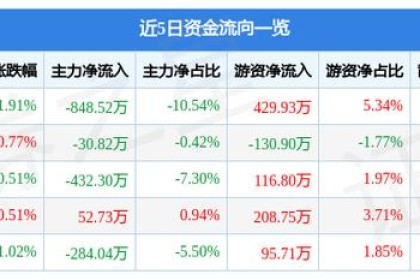 金丰酒业（600616）3月3日主力资金卖出848.52万元