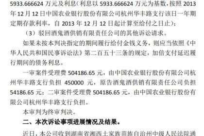 酒鬼酒十年后损失一亿存款？ 改判后农业银行负债减少